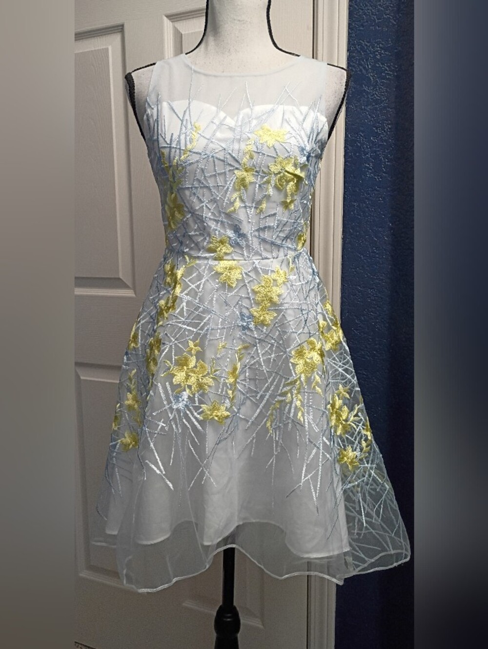 Sleeveless Light Blue Floral Embroidered Fit & Flare Dress